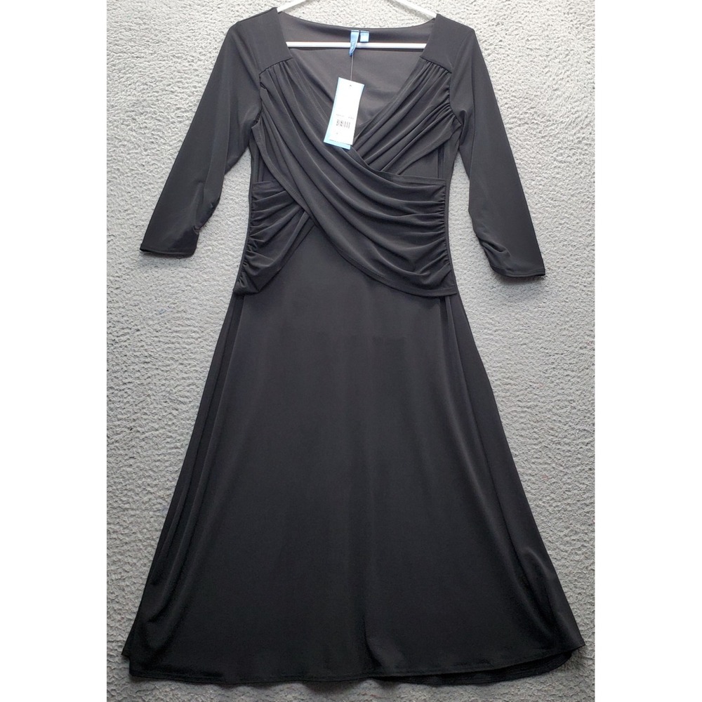 B-Slim Built-in Shapewear Dress Womens Small Black 3/4 Sleeve Faux Wrap V-Neck‎